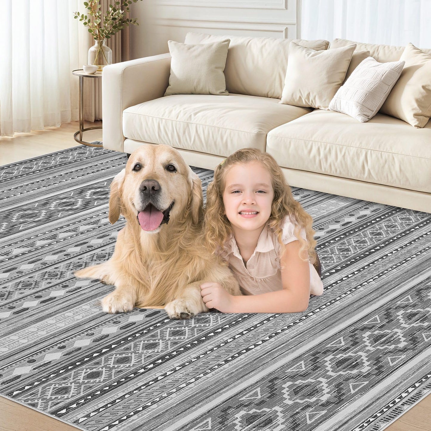 cotiled 5x7 Area Rugs Living Room Rug: Washable Boho Rugs with Non Slip Backing Large Soft Indoor Stain Resistant Carpet for Bedroom Farmhouse Dining Room Lightweight Home Decor Beige Grey