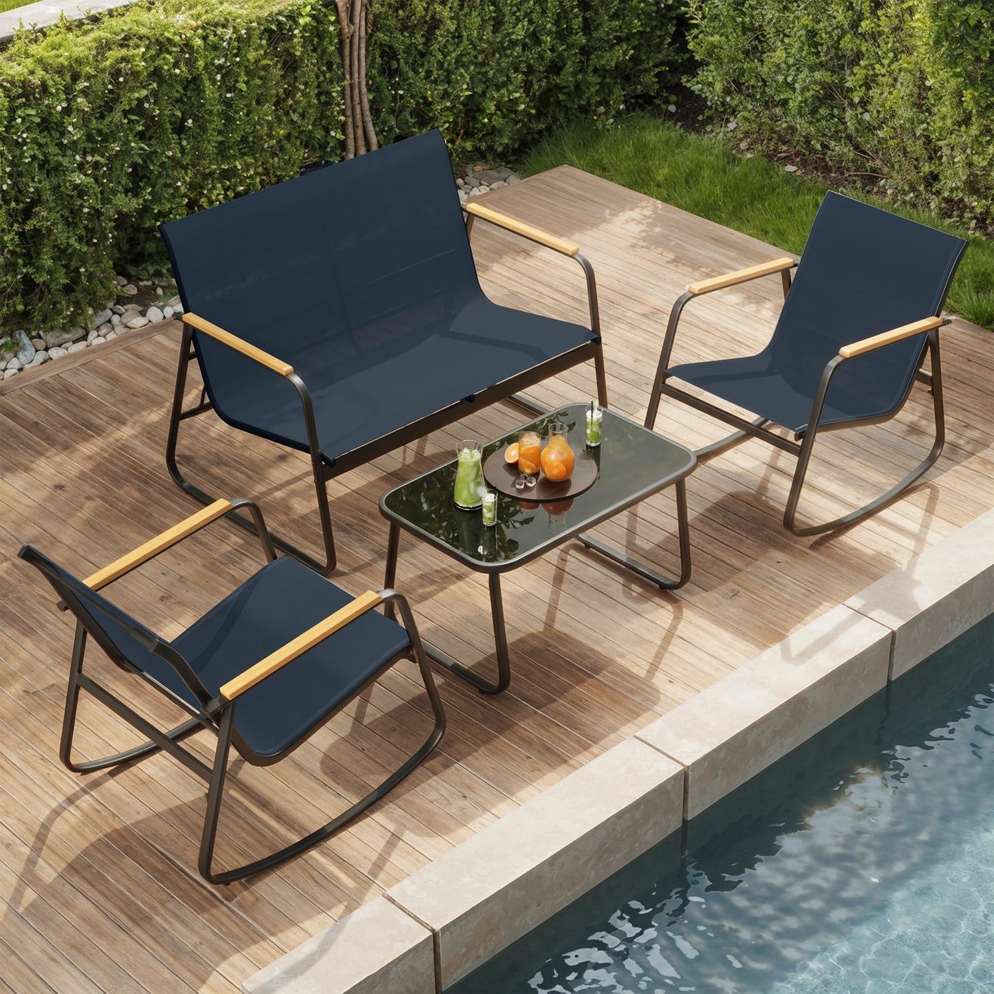 Ahomly 4-Piece Patio Furniture Set, Textilene Outdoor Conversation Set with 2 Rocking Chairs and Tempered Glass Coffee Table, for Lawn, Garden, Balcony, Poolside (Blue)