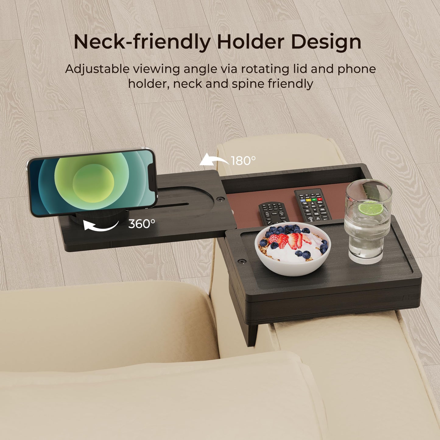 Wealone Black Couch Arm Tray with 2 Rotatable Tray, Adjustable Sofa Arm Clip Table with Storage Box & 360° Phone Holder, Bamboo Couch Armrest Table for Snacks, Drinks or Dining