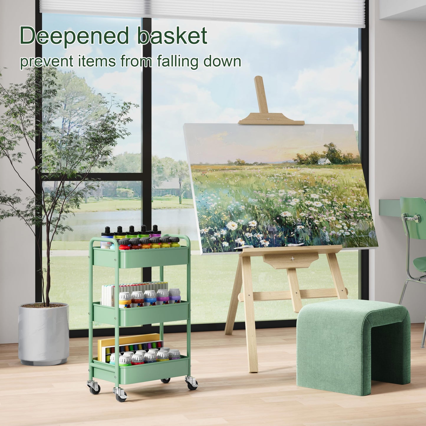 3 Tier Rolling Storage Cart Metal with Wheels, Green Baby Diaper Caddy Carts, Three Tiered Craft Cart Organizer on Wheels, Utility Roller Trolley for Art, Book, Snack, Office, Laundry, Bathroom Shelf