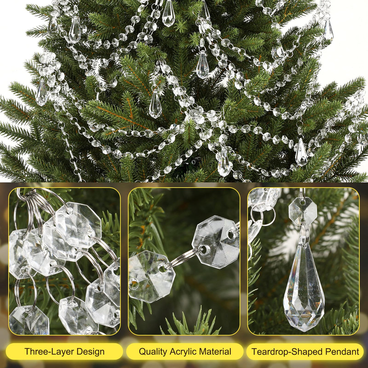 Pinkunn 12 Pcs 3-Layer Crystal Garland for Christmas Tree 20in 16in 12in 3-Layer Acrylic Bead Garland Hanging Christmas Decorations Indoor Home Decor for Home Xmas Wedding Party Decor(Teardrop)