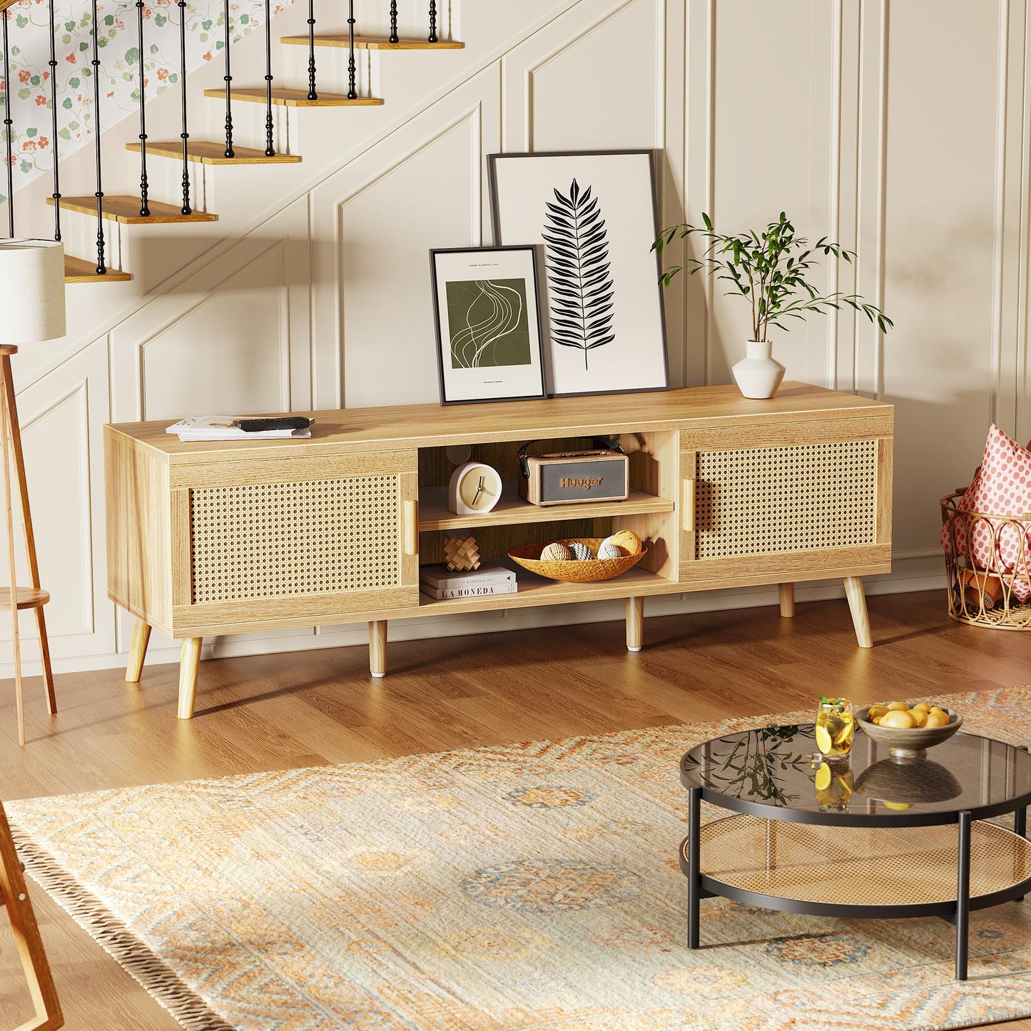 SUPERJARE Boho TV Stand for 65 Inch TV, Entertainment Center with Adjustable Shelf, Rattan TV Console with 2 Cabinets, Media Console, Solid Wood Feet, 4 Cord Holes, for Living Room - Natural