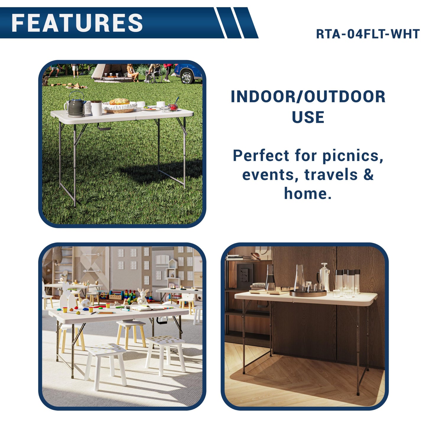 Techni Home Height Adjustable 4 FT Granite White Folding Table – Premium 4 Foot Folding Table Ideal for Camping, Picnic, Party or as Kids Table