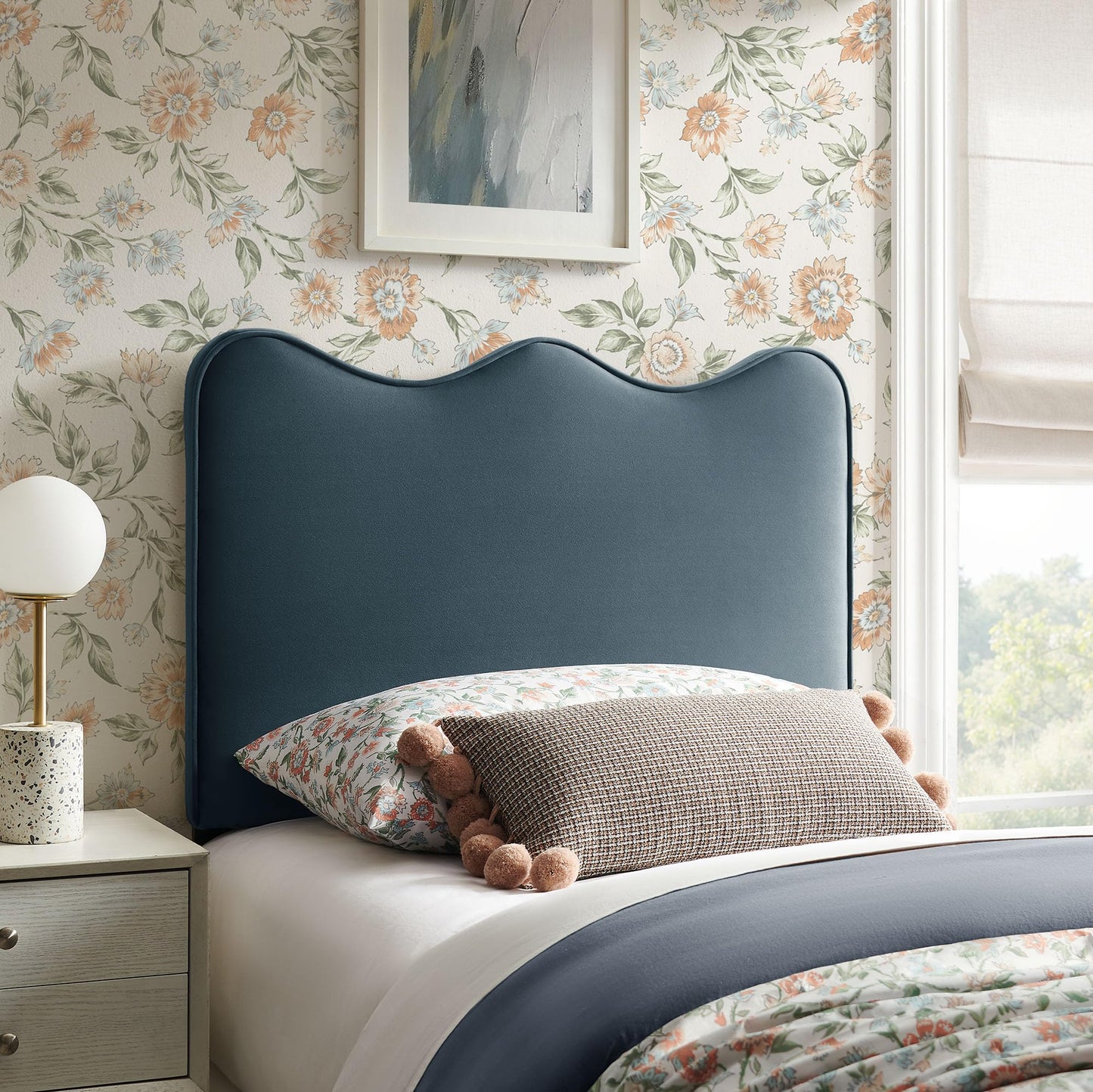 Monday Athena Twin Size Performance Velvet Adjustable Headboard in Cadet Blue - with Scalloped Wave Design and Stain-Resistant Velvet Upholstery