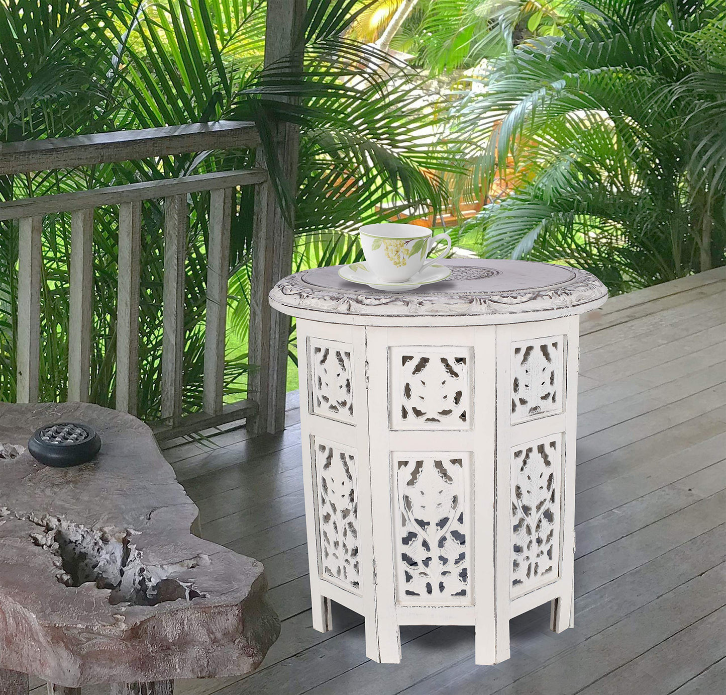 The Wooden Town Handcrafted White Wood End Table - Antique Finish, Small Accent Table 18"x18" for Living Room, Bedroom, Sofa Side or Nightstand Use