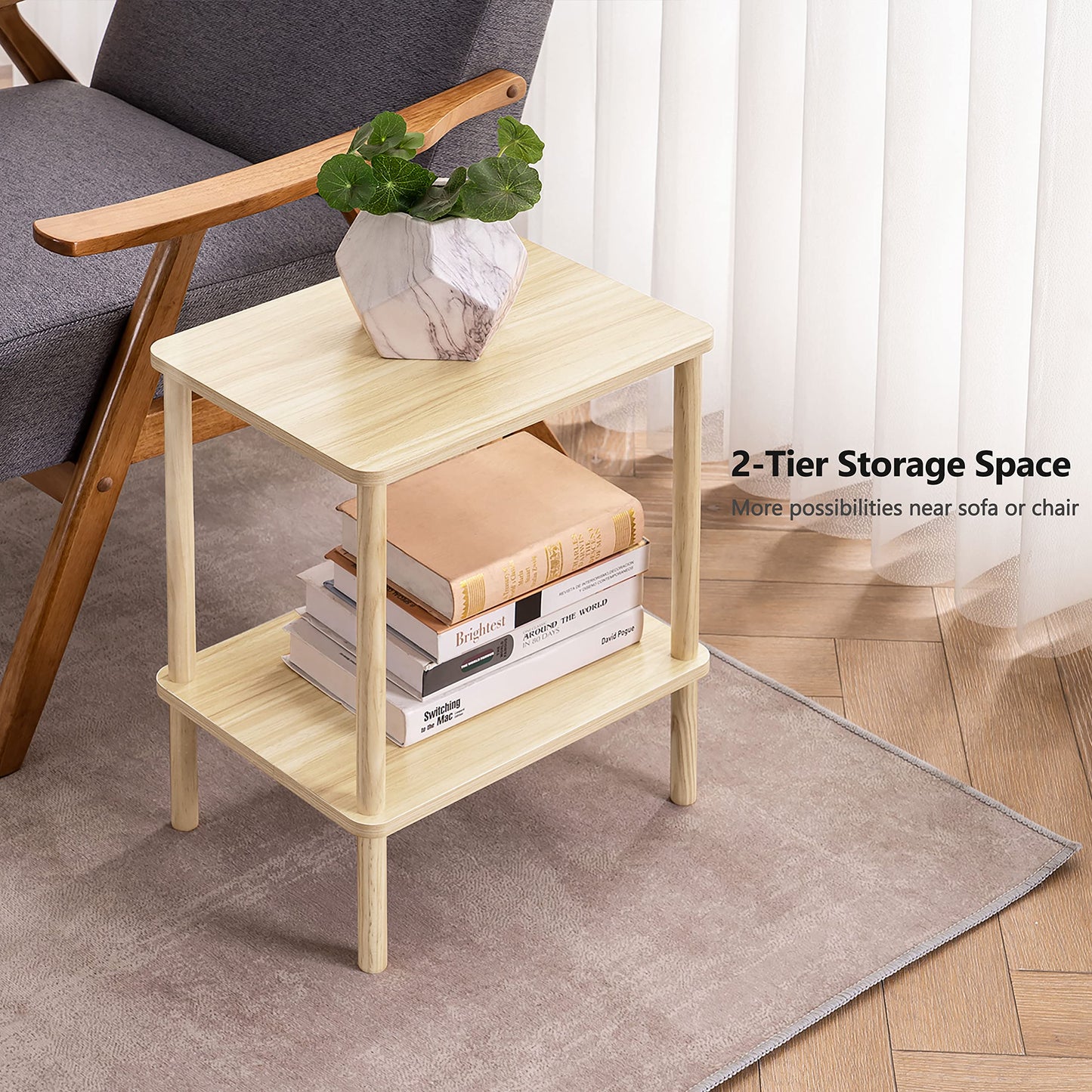 Apicizon 2 Tier End Table, Small Side Table with Solid Wood Legs, Boho Bedside Table with Storage Shelf, Nightstand for Small Spaces, Bedroom, Living Room, Entryway, Easy Assembly, Light Natural