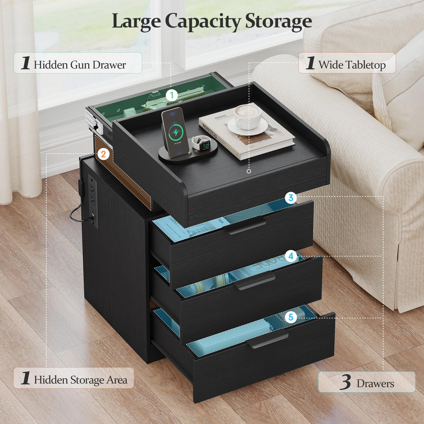 Turosur Night Stand with Gun Drawer, LED Nightstand with Charging Station, Wood Bedside Table with Hidden Storage and 3 Drawers for Bedroom, Modern Black