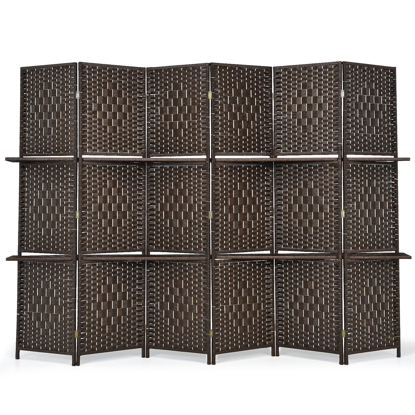 Giantex 6Ft 6 Panel Room Divider with Shelves, Freestanding Hand-Woven Rattan Folding Privacy Screens for Room Separation, Wooden Partition Room Divider Wall for Home Office Studio Separator