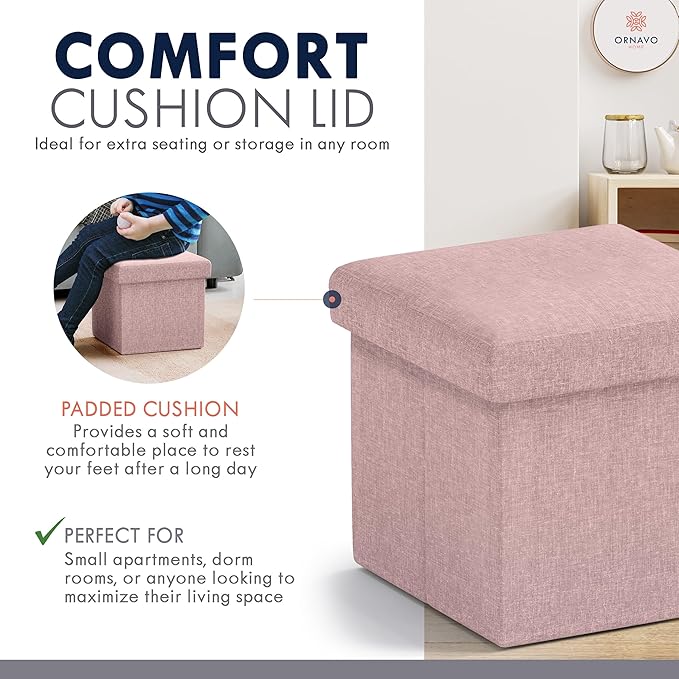 Ornavo Home Small Storage Ottoman Foldable Collapsible Cube Square Linen