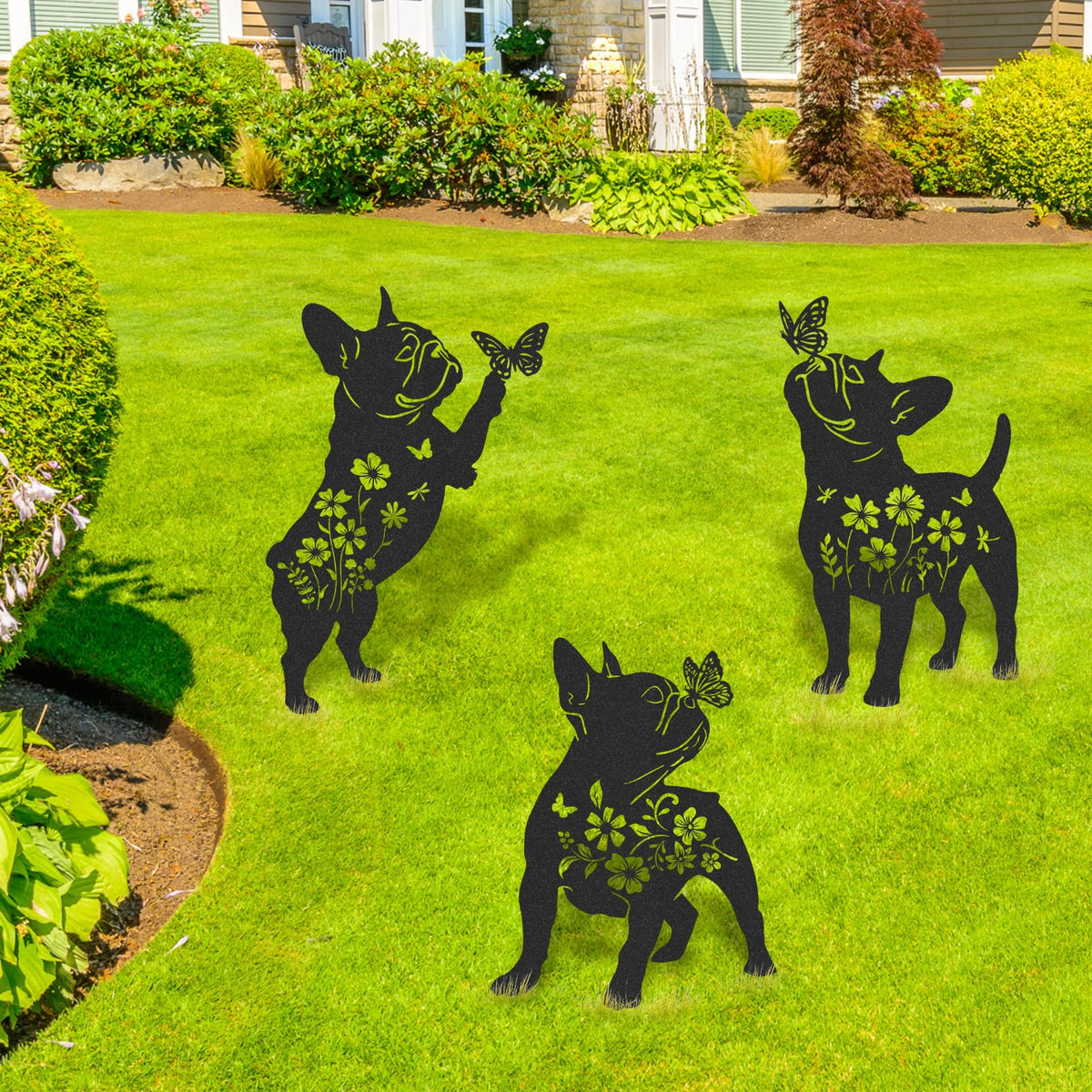 LIRAVENO French Bulldog Gifts Decor - 3 Pcs Metal Garden Stakes Outdoor Animal Statue Decorations Patio Lawn Pathway Yard Art Ornaments Butterfly Flower Silhouette Christmas Birthday for Dog Lover