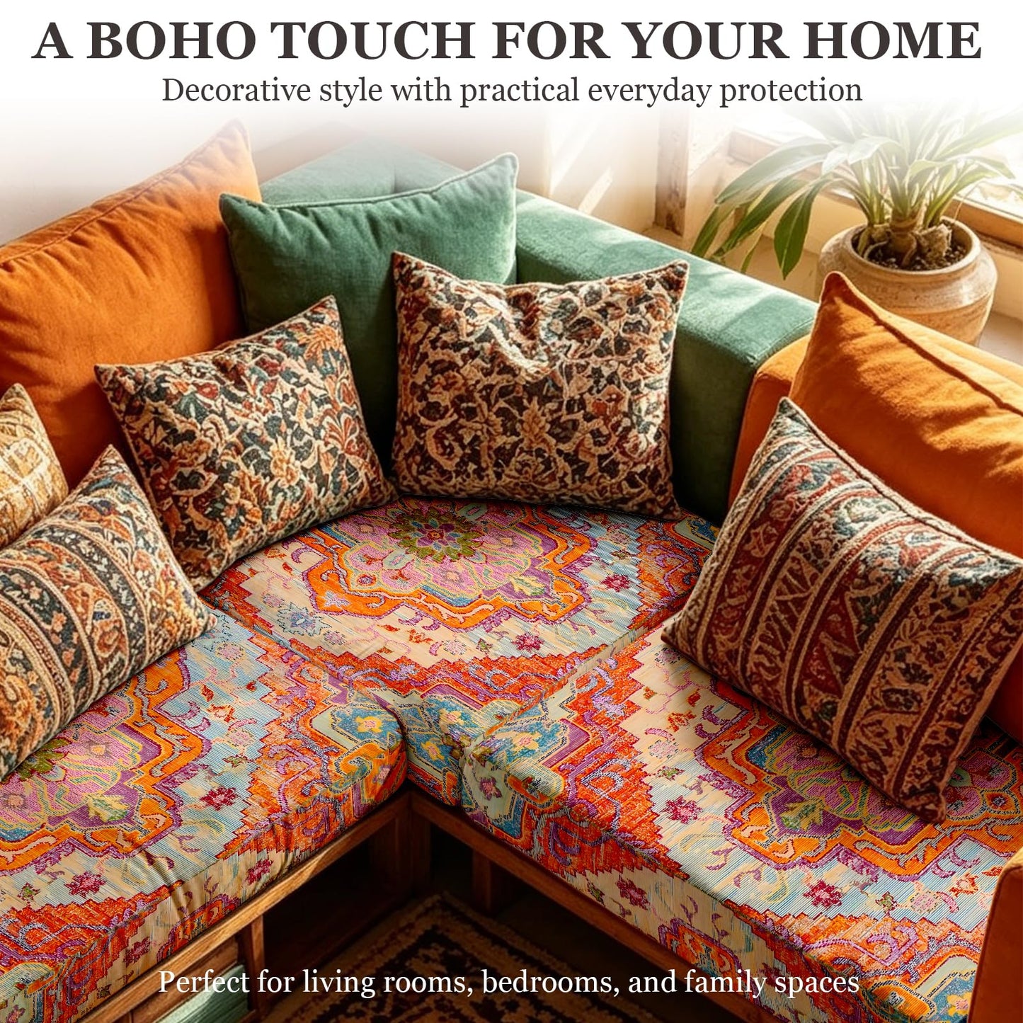 ZSYTZL Boho Printed Couch Cushion Covers, Waterproof Stretch Outdoor Cushion Covers, Patio Sofa Covers with Elastic Bottom-1 Piece, Orange