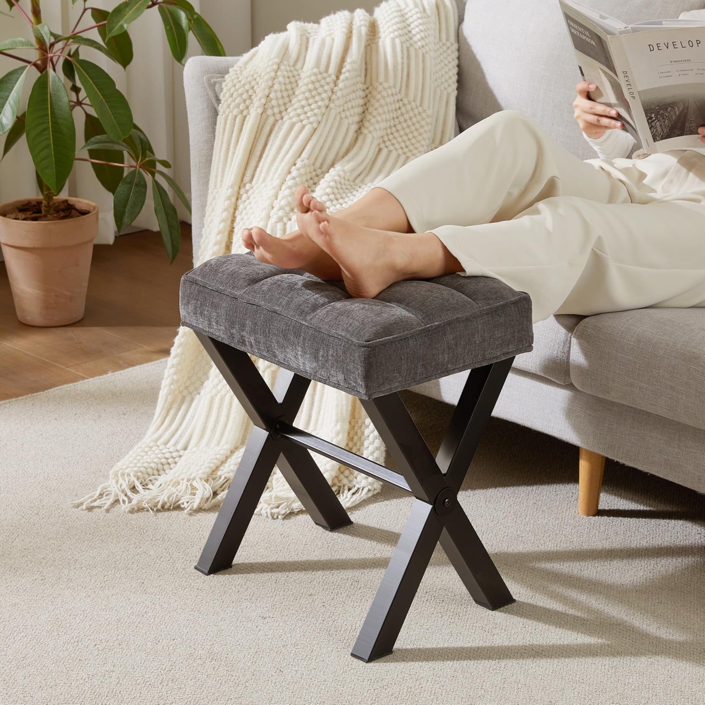 Royal Windsor Vanity Stool,Square Ottoman Stool Foot Rest,Upholstered Vanity Chair Foot Stool with Metal X Legs, Small Vanity seat for Entryway,Bedroom and Living Room,Linen Dark Grey