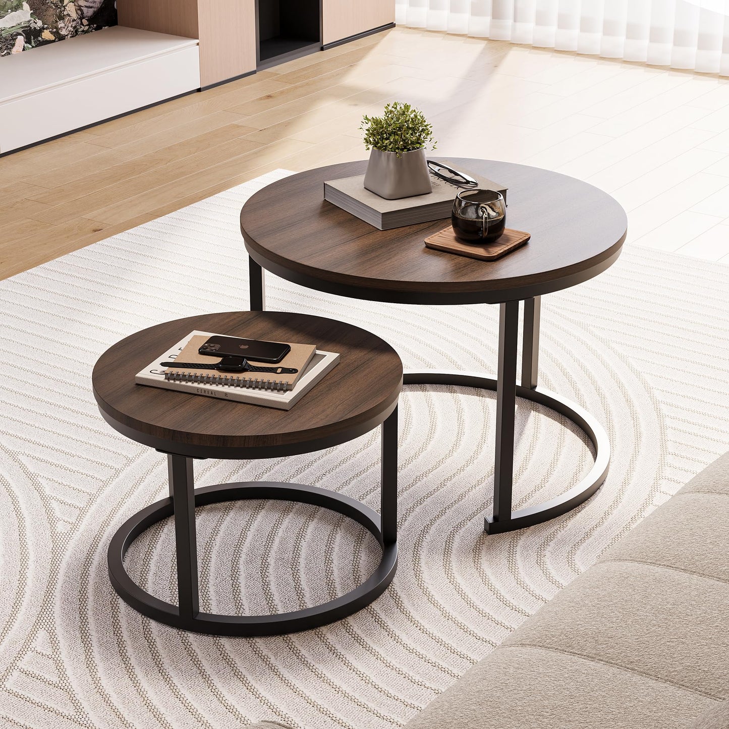 HOJINLINERO Round Coffee Table,Nesting Coffee Table Set of 2,Center Tables for Living Room,Office, Home Small Space,Stacking Side Tables,Sturdy and Easy Assembly,Wood Desktop,Walnut+Black,Large