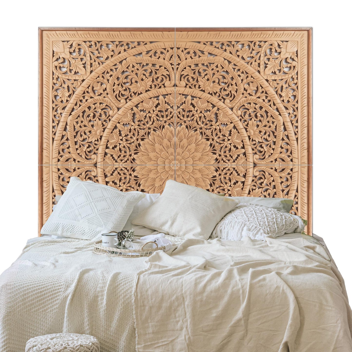 KultureDeco Personalized Carved Headboard Wall Panels, Manusa Natural Brown, Customizable Handcrafted Headboard from Bali Indonesia, Wall Mounted Behind Bed, King or Queen Size, Hardware Included