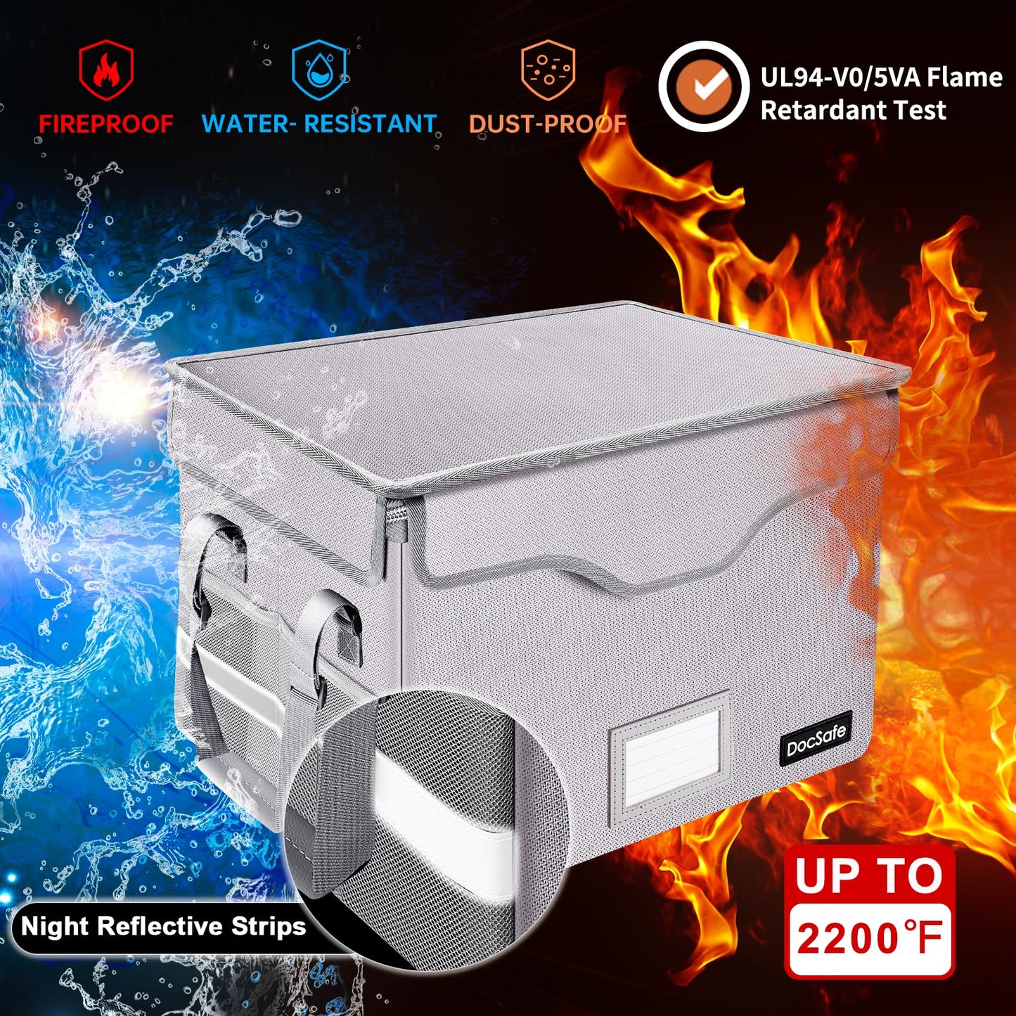 DocSafe Fireproof Document Box with Lock,File Storage Organizer with Zipper Pockets,Collapsible Portable File Box Home Office Safe Filing Cabinet with Handle for Hanging Letter/Legal Folder,Silver