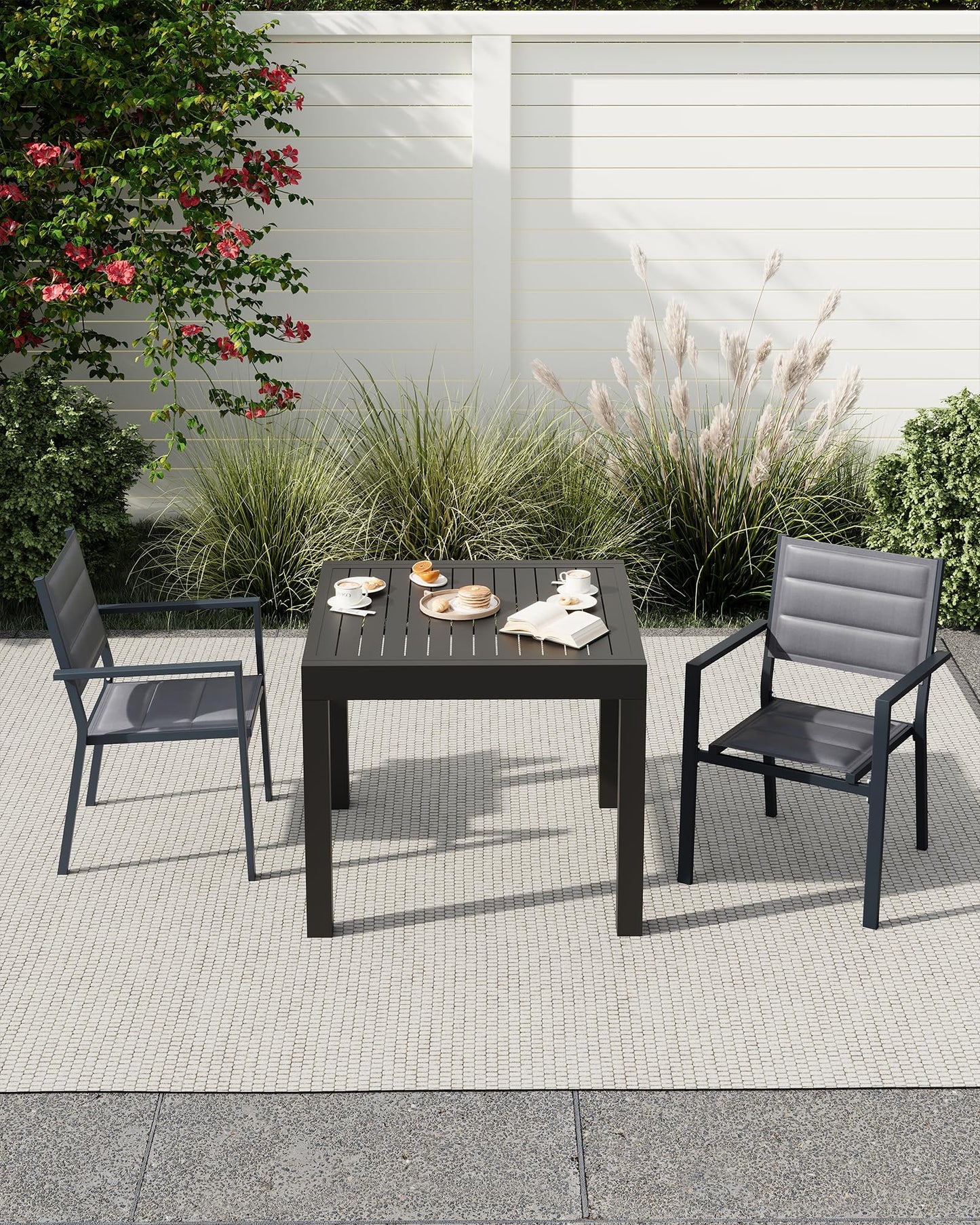4 Piece Aluminum Patio Stackable Dining Chairs Set, Outdoor Metal Lightweight Stacking Dining Chair with Textilene Fabric, for Backyard Lawn Deck Poolside Porch Bistro, Dark Grey