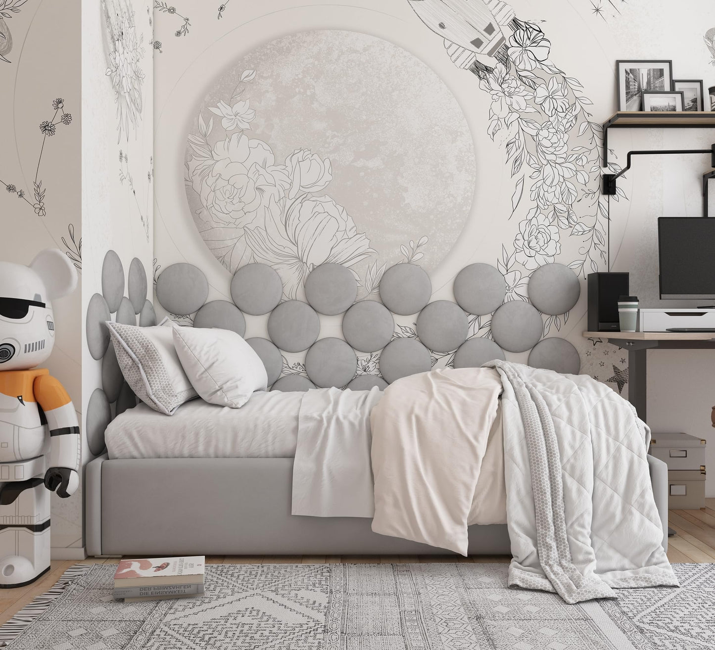 ua acoustics 4-Pack Soft Velour Upholstered Acoustic Wall Panels | Decorative Headboard Panels for Children's Room & Playroom | Cozy Wall Padding & Safety Railing | (Gray, 4X Round (25x25cm))
