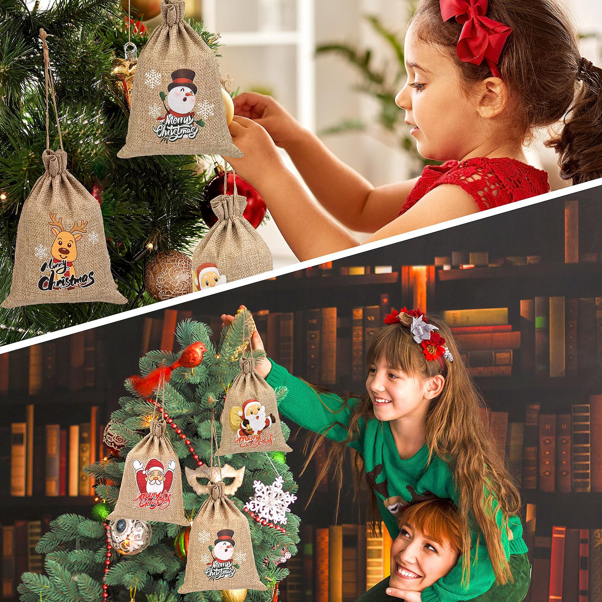 Christmas Small Burlap Bags with Drawstring, Burlap Gift Bags Christmas Linen Treat Sacks Gift Wrapping Bags Xmas Holiday Party Favors Bags(7x5 inch, 24 Pcs)