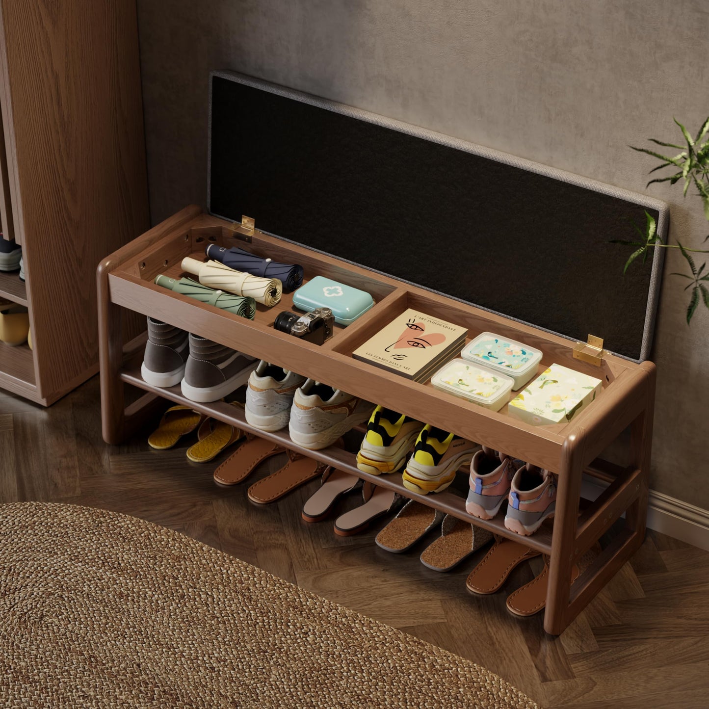 AQIMUELE Shoe Rack Bench,2 Tiers Shoe Bench with Storage with Flip-Top,Wood Shoe Rack for Entryway,Hallway(Walnut Upholstered Seat,11.8" D x 39.3" W x 15.7" H
