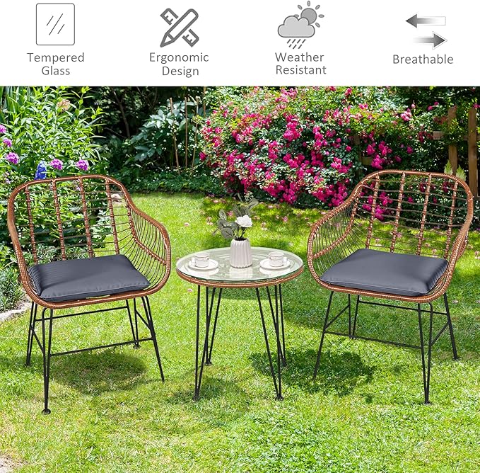 Tangkula 3 Pieces Patio Conversation Bistro Set, Outdoor Wicker Furniture