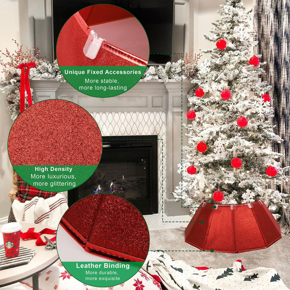 Blissun Fabric Christmas Tree Collar, Glittering Tree Ring, Willow Tree Skirt for Christmas Decorations (Glitter Red)