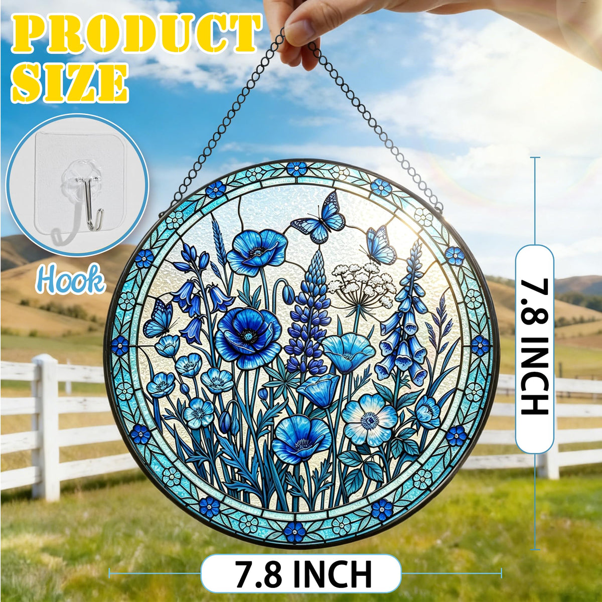 Stained Glass Window Hanging, 7.8 Inch Blue Floral Stained Glass Sun Catcher, Suncatchers for Windows, Window Hanging Ornaments, Spring Gift for Mom, Garden Lover Gift, Mother's Day & Birthday Gift