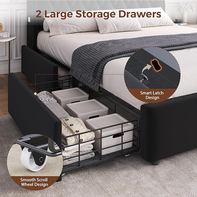 Full LED Velvet Bed Frame with 2 Storage Drawers&Hidden Headboard, Upholstered