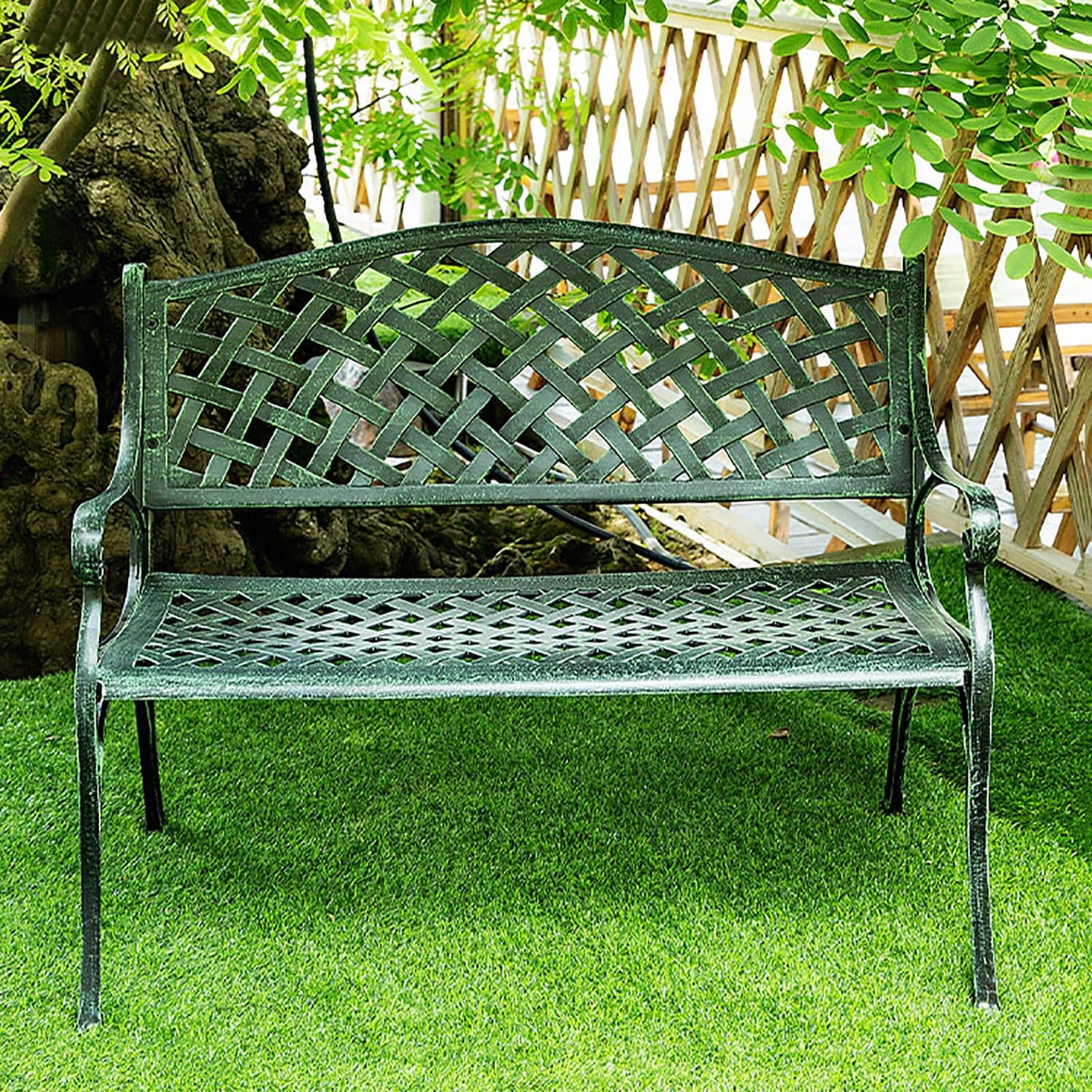 Green Cast Aluminum Patio Bench - Floral Rose Design Outdoor Furniture for Garden, Park, Lawn & Yard - Durable Metal Park Seating,Green