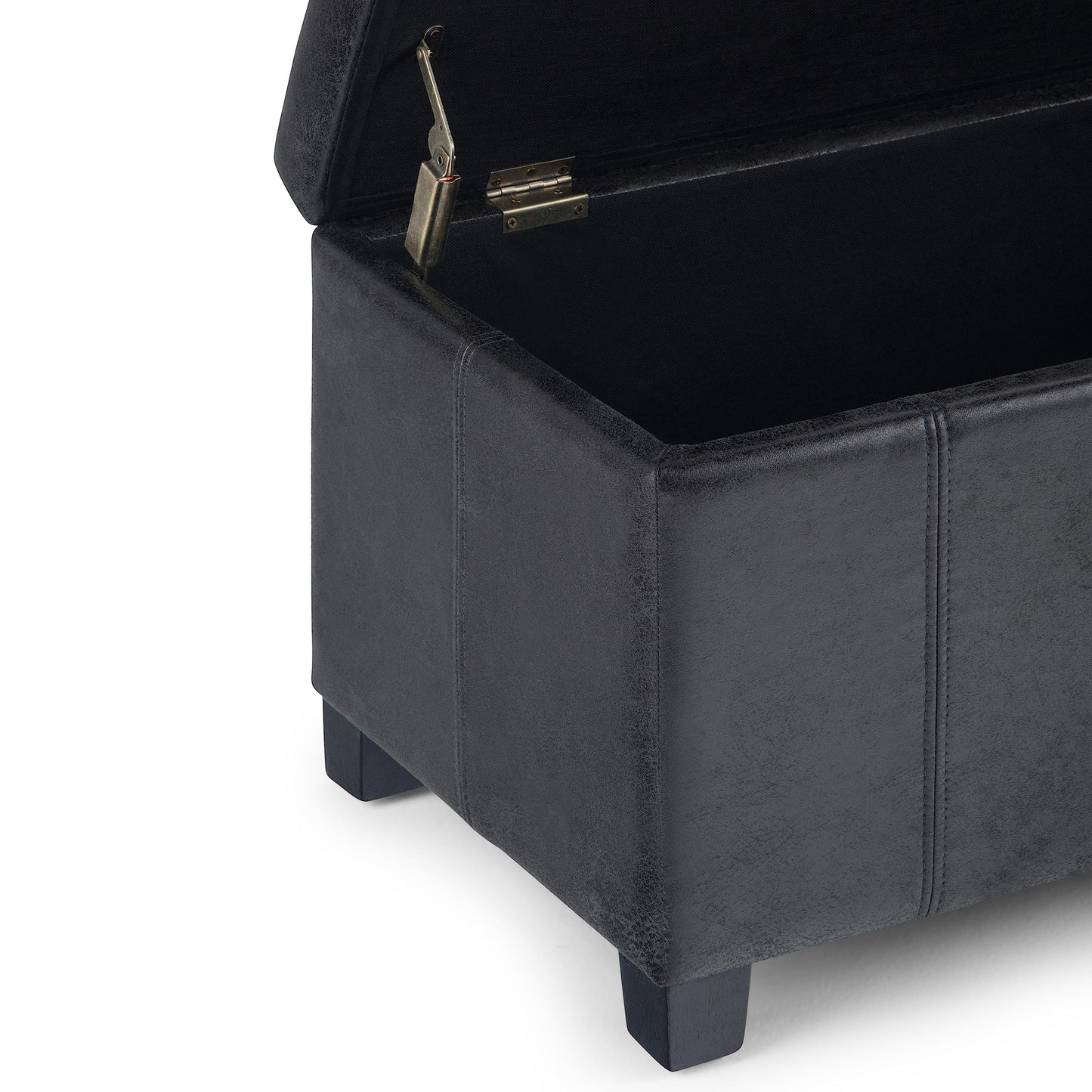 SIMPLIHOME Dover Storage Ottoman Bench - 36 inch Wide Upholstered Vegan Leather Rectangular Lift-Top Ottoman in Distressed Black, Contemporary Bench for Living Room with Safety Hinges