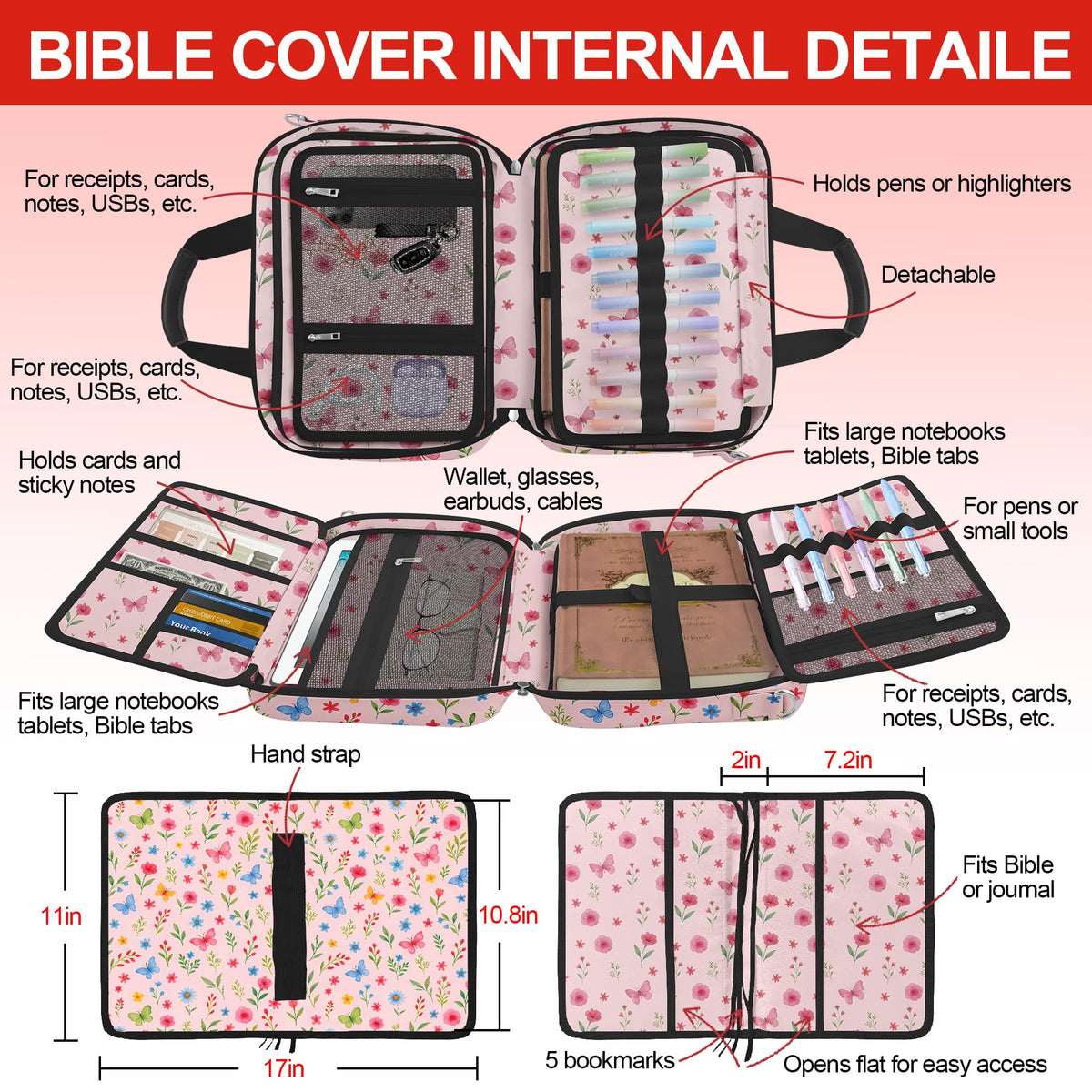 Cute Flower Large Bible Cover Case for Women Girls Organizer, Church Bag Book Carrying Case with Highlighters Shoulder Strap Pens Cross Clip Study Supplies Journaling Kit, Christian Gifts Pink
