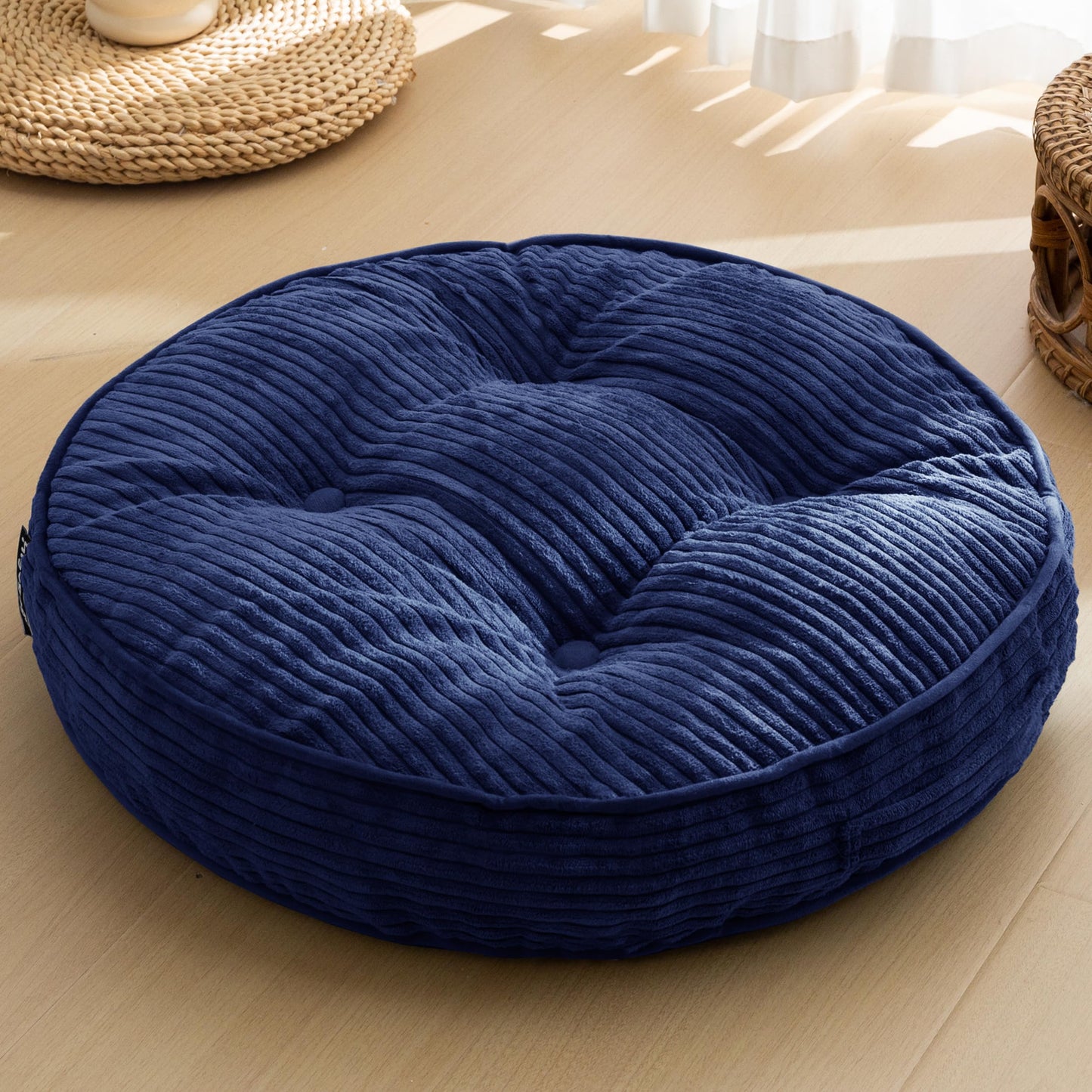 HIGOGOGO Floor Pillow Cushion for Adults, Meditation Cushion Pillow, Large Round Floor Sitting, Tufted Corduroy Cover, for Tatami Living Room or Yoga, 22x22 Inch, Navy