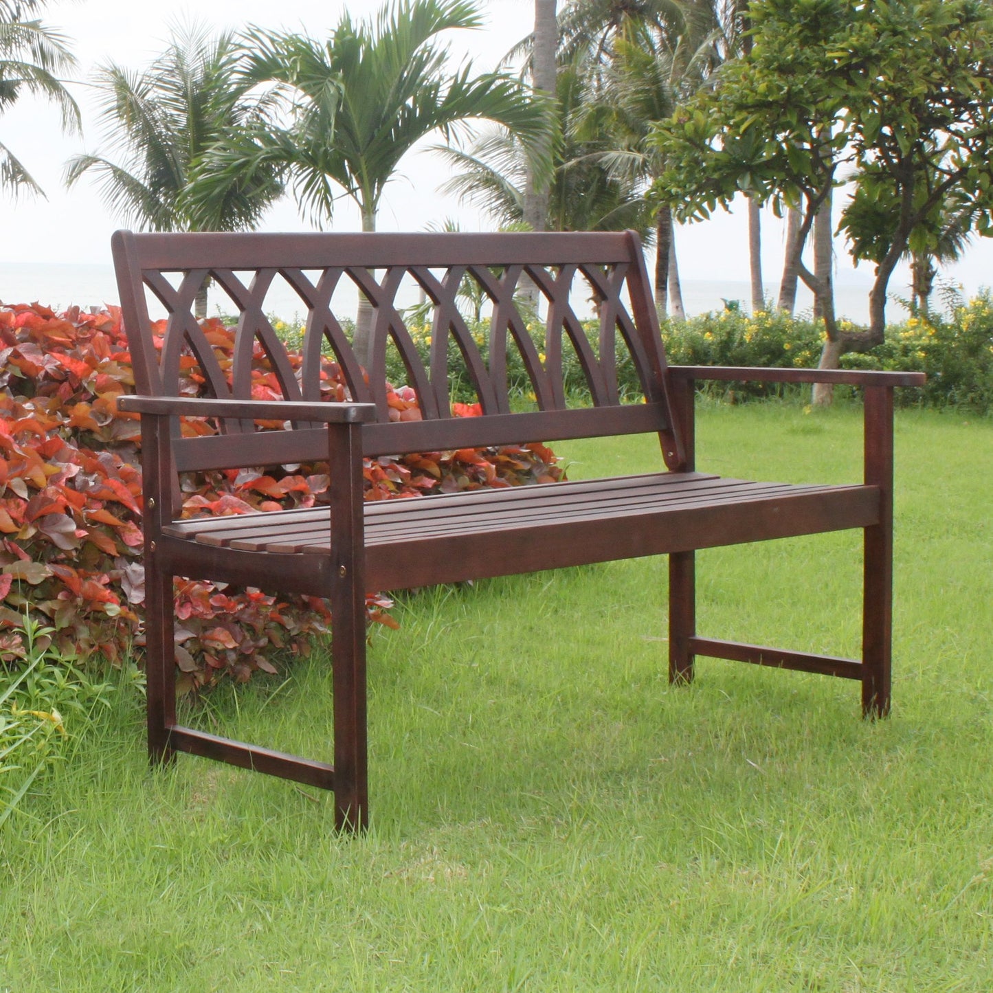northbeam Criss Cross Garden Bench Acacia Wood Outdoor Garden Bench Patio Bench, Natural, BCH0330610810