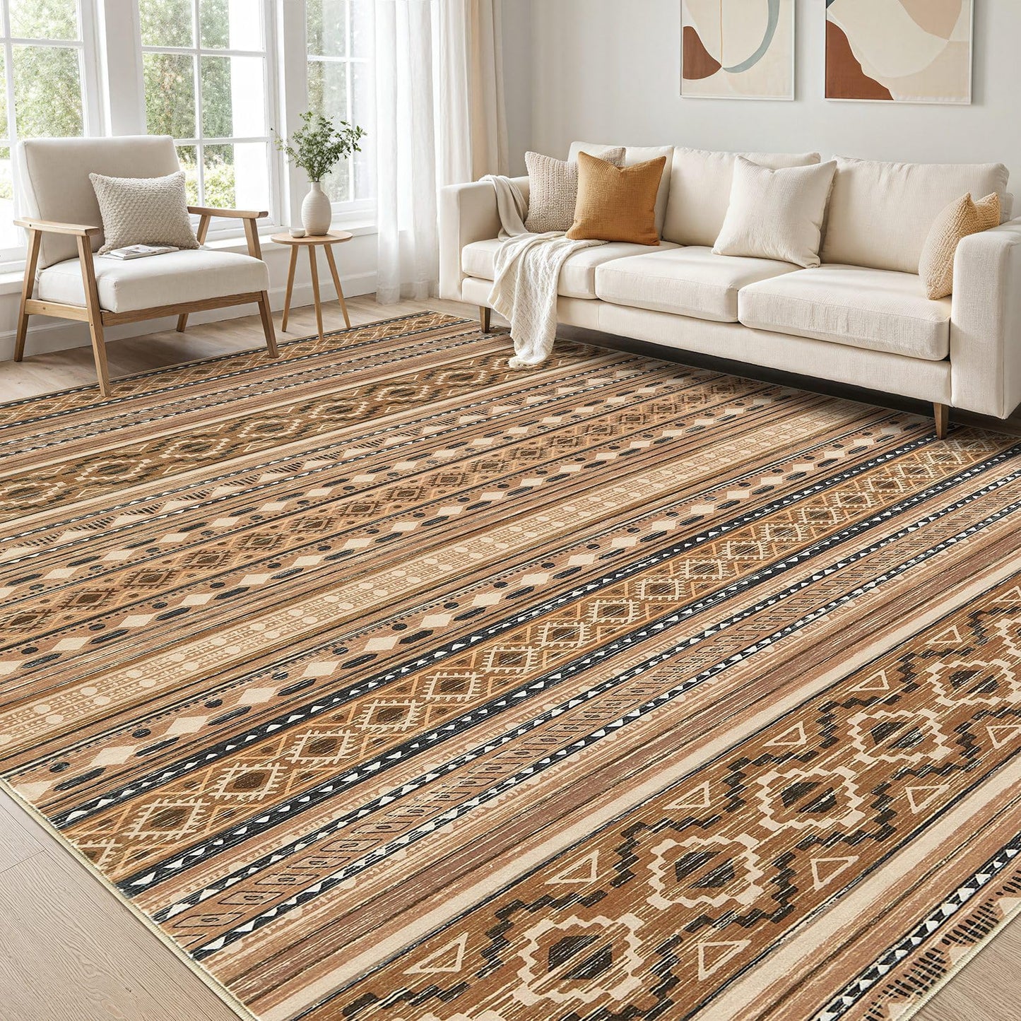 cotiled 5x7 Area Rugs Living Room Rug: Washable Boho Rugs with Non Slip Backing Large Soft Indoor Stain Resistant Carpet for Bedroom Farmhouse Dining Room Lightweight Home Decor Brown/Beige
