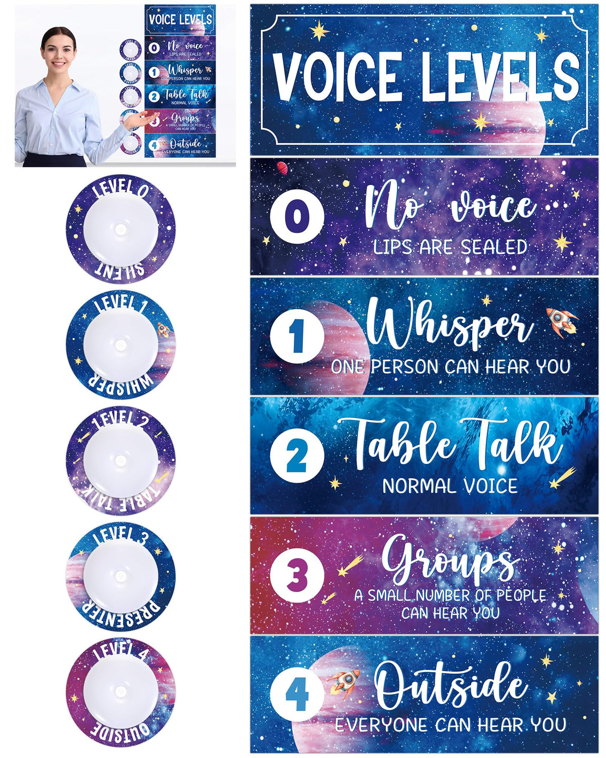5 Pcs School Push Light and Voice Level Poster Voice Level Chart Monitor Rules Sign Galaxy LED Tap Light Classroom Rules Poster Solar System Classroom Management Tools for Teachers（Space Style）