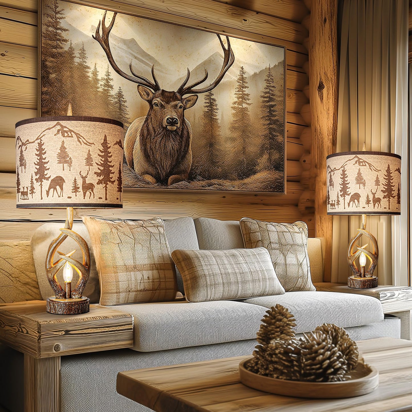 Scenekoy Antlers Style Table Lamp Set of 2 Rustic Bedside Lamp with Night Light Linen Fabric Shade Farmhouse Nightstand Lamps Decor for Living Room Bedroom House Home Office (Bulb Included)