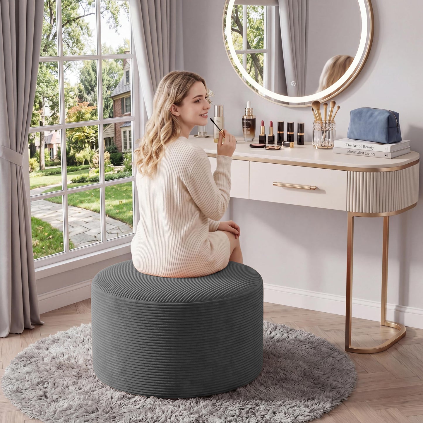 BSHOMGI Round Boneless Ottoman Oversized Ottomans for Living Room, Cloud Rectangle Pouf Coffee Table, Poofy Corduroy Foot Stoolsfor Living Room, Bedroom or Office