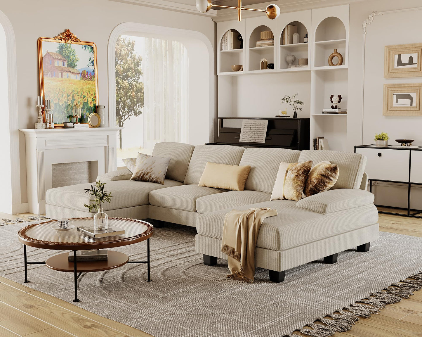 Furmax Sectional Couches for Living Room, U-Shaped Sofa Couch with Linen Fabric, 4 Seat Sofa Set with Double Chaise for Apartment (Corduroy, Beige)