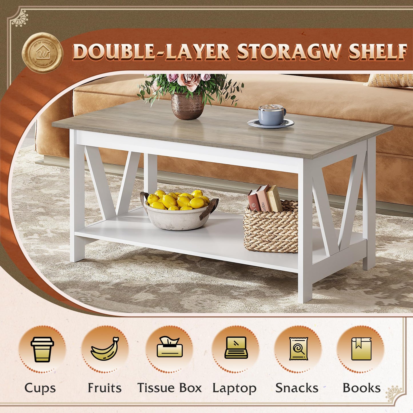 WLIVE Coffee Table for Living Room with Storage Shelf, 39.4" Farmhouse Coffee Table with V-Frame Support, 2-Tier Wood Rustic Center Table for Home Office, Apartment, Greige & White