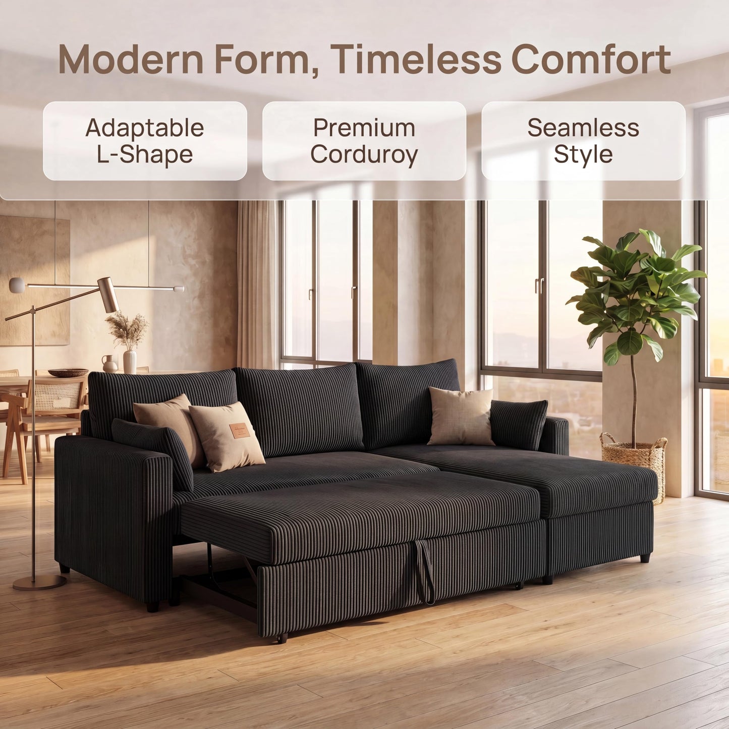 Trygoal Queen Sleeper Sofa, Convertible Sofa Bed with Storage, 85 Inch Sectional Couch with Pull Out Bed, L Shaped 3 Seat Sectional Sleeper Sofa for Living Room, Apartment, Black