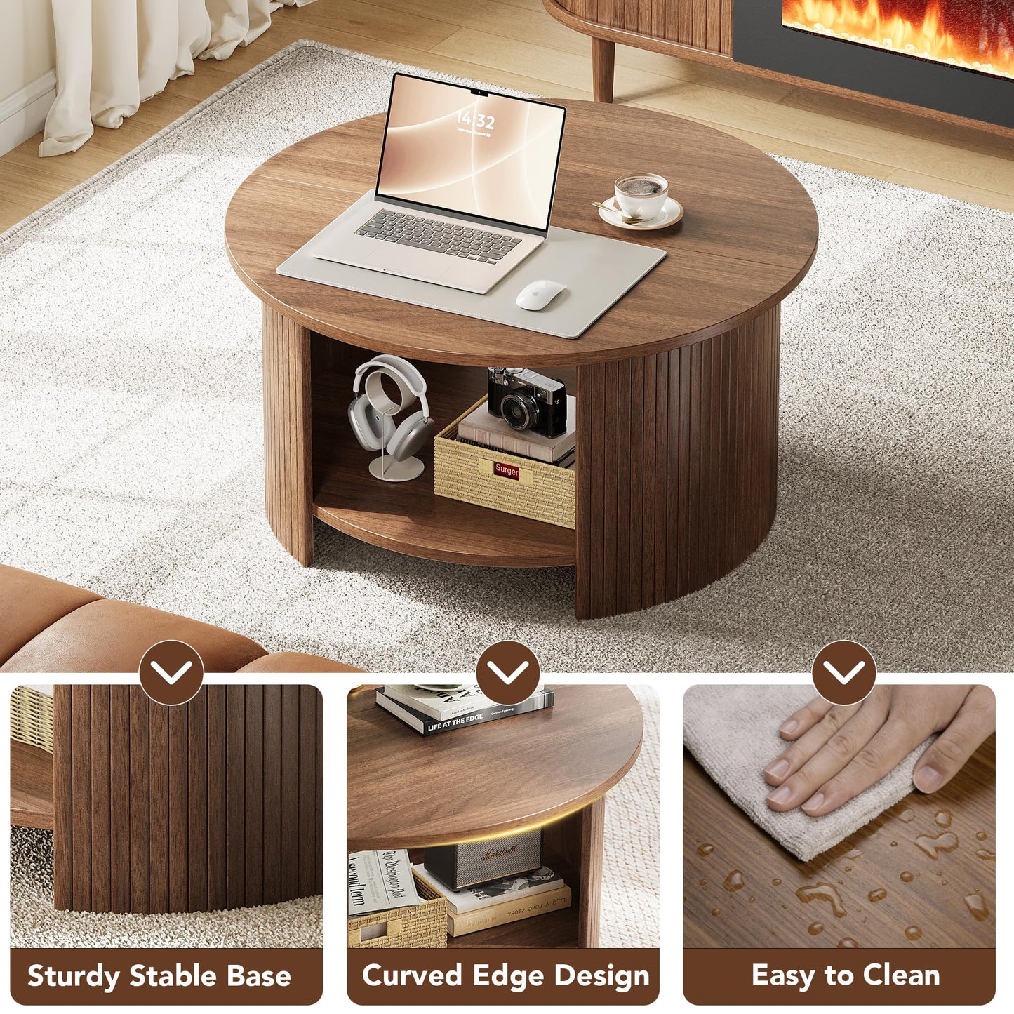 OneBlis Round Coffee Table with Storage, 31.5" Modern Fluted Center Table, 2-Tier Mid Century Coffee Table, Wood Circle Table for Living Room, Home Office, Small Space, Walnut