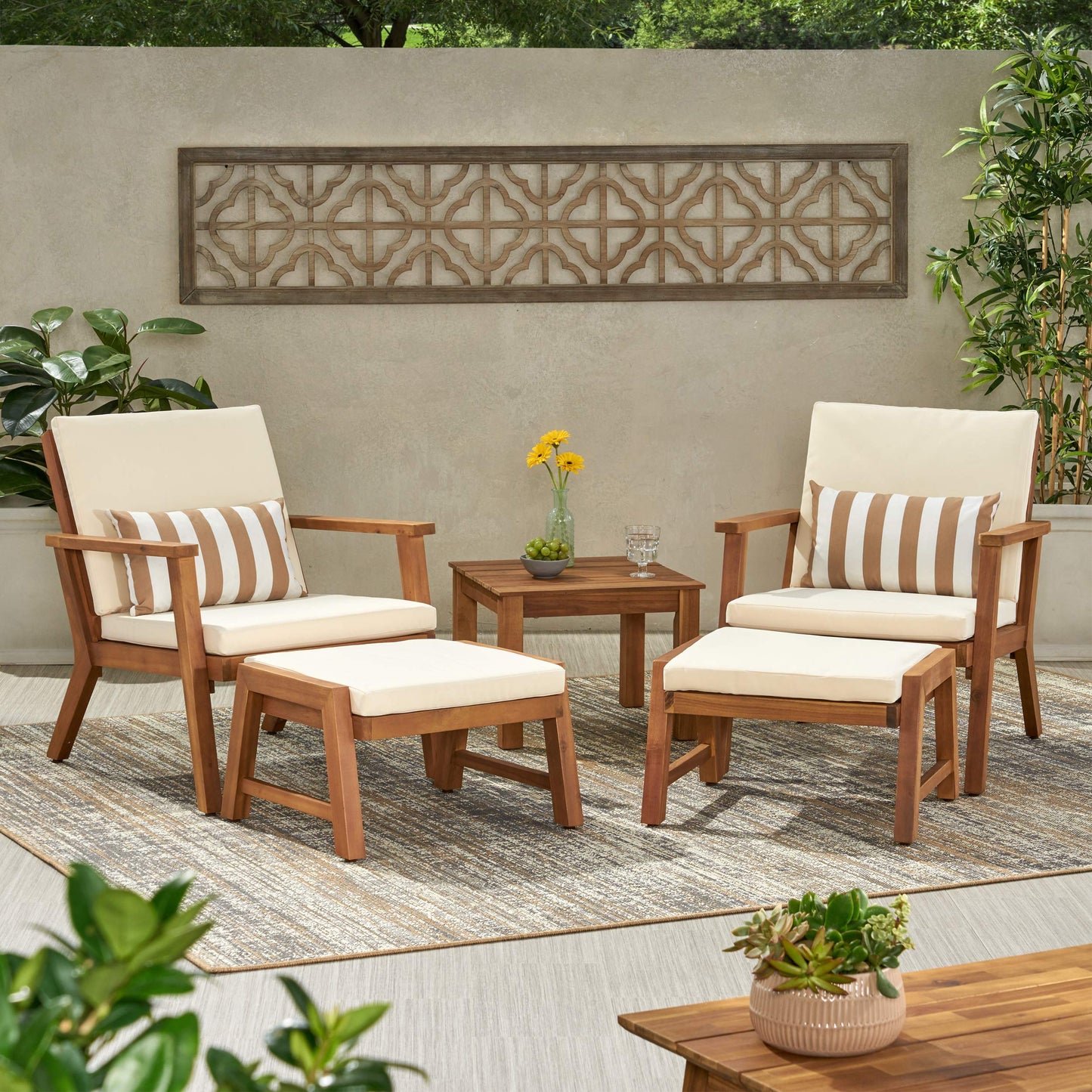 Christopher Knight Home Benny Outdoor 2 Seater Chat Set with Ottomans, Brown Patina Finish, Cream