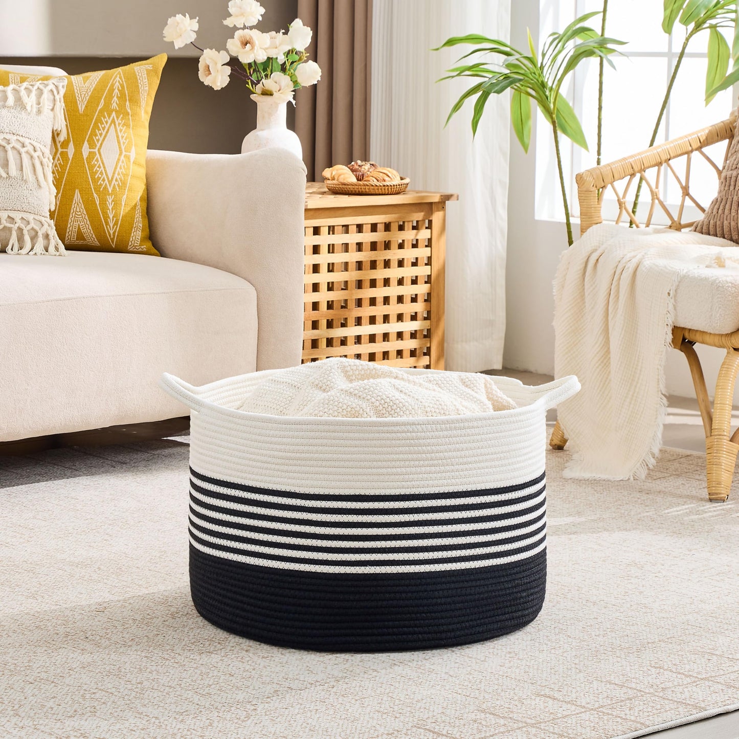 KAKAMAY Cotton Rope Storage Basket (20"x13"),Woven Hamper for Blankets,Toys,Pillows,Clothes,Laundry,Sturdy Handles Decorative Basket for Living Room, Bedroom,Nursery(Black/Black Fringe)