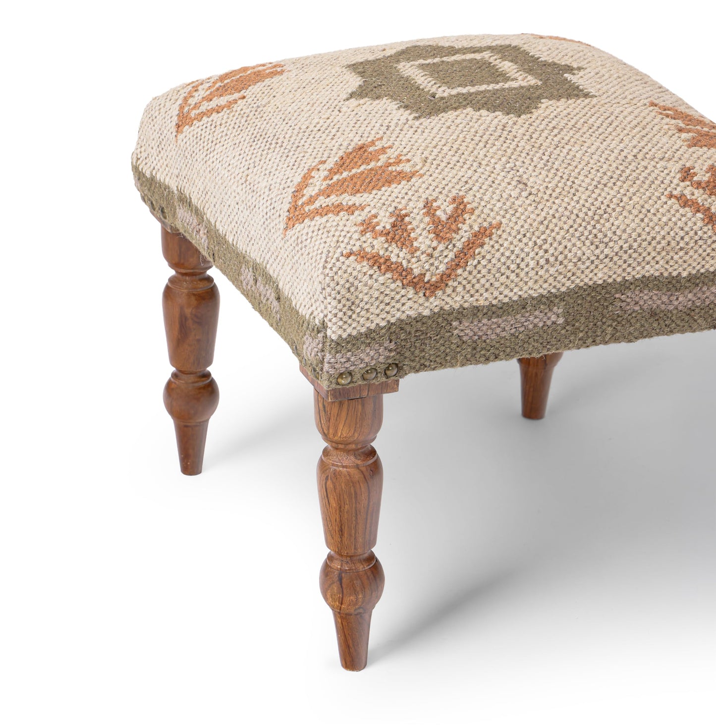 NATURAL FURNISH Handmade Jute Upholstered Ottoman Stool | Square Foot Rest with Wooden Legs | Decorative Accent Seating for Bedroom, Living Room, Entryway, Vanity & Hallway (Beige-Green)