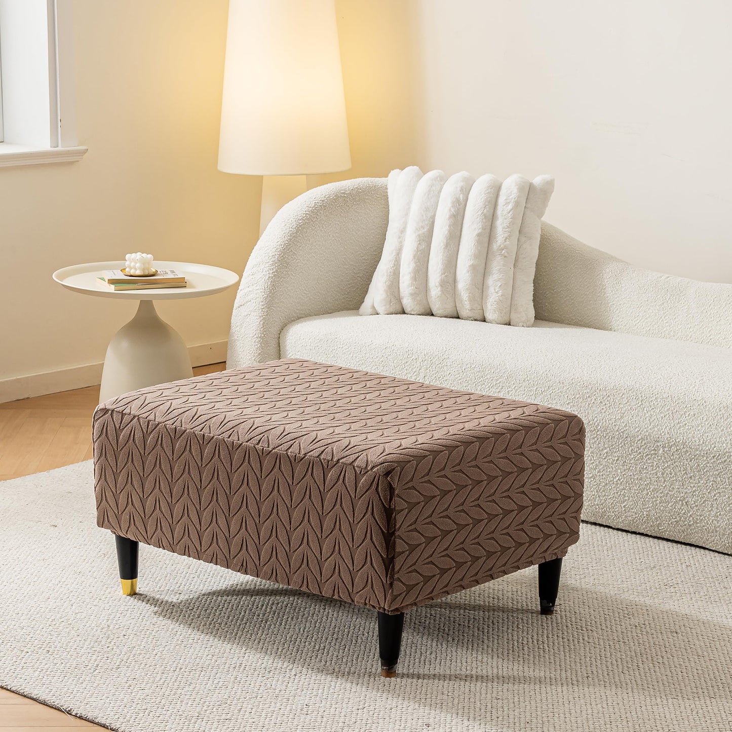 KaviKon Stretch Ottoman Cover Rectangle, Jacquard Foot Stool Slip Cover,Storage Footstool Furniture Protector with Elastic Band,Footrest Slipcovers Removable Washable(Small,Herringbone Coffee)