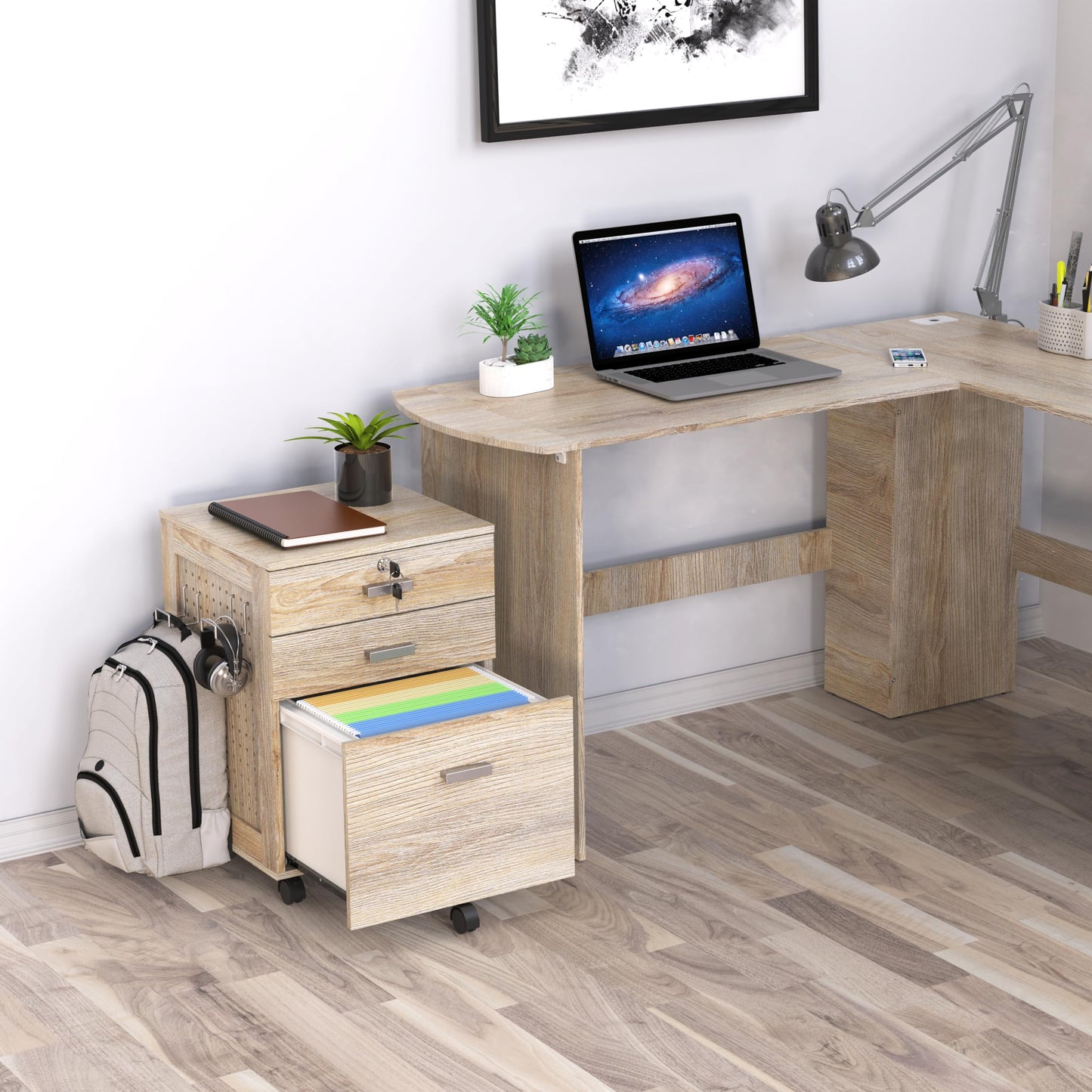 SHW Box Box File Rolling Mobile Cabinet with Side Pegboard and One Lockable Drawer, Maple