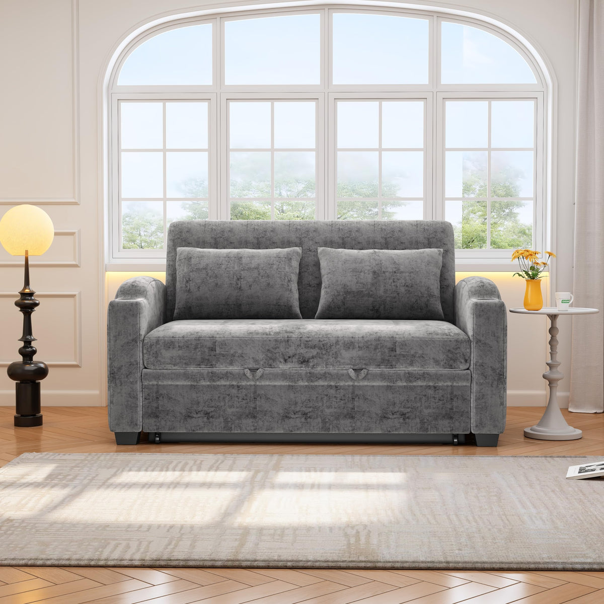 GDFStudio Pull Out Sofa Bed with USB Ports and Cup Holders, 3-Position Adjustable Backrest Chenille Loveseat, Sturdy Frame Compact Couch for Living Room Apartment Guest Bed, Gray