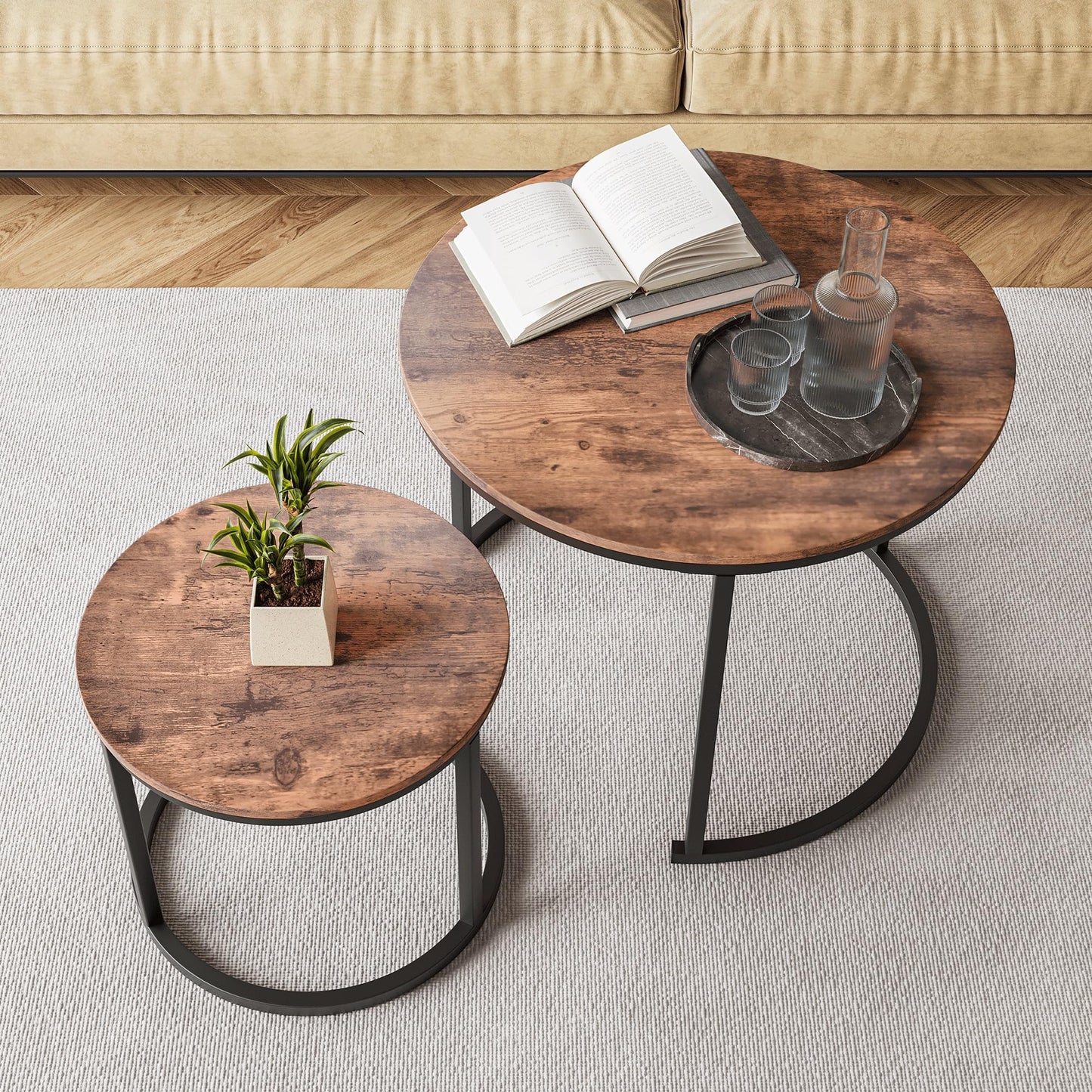 HOJINLINERO Small Round Nesting Coffee Table Set of 2 with Metal Frame and Wood Top, Modern Stacking Side Table for Living Room, Bedroom, Office, Brown