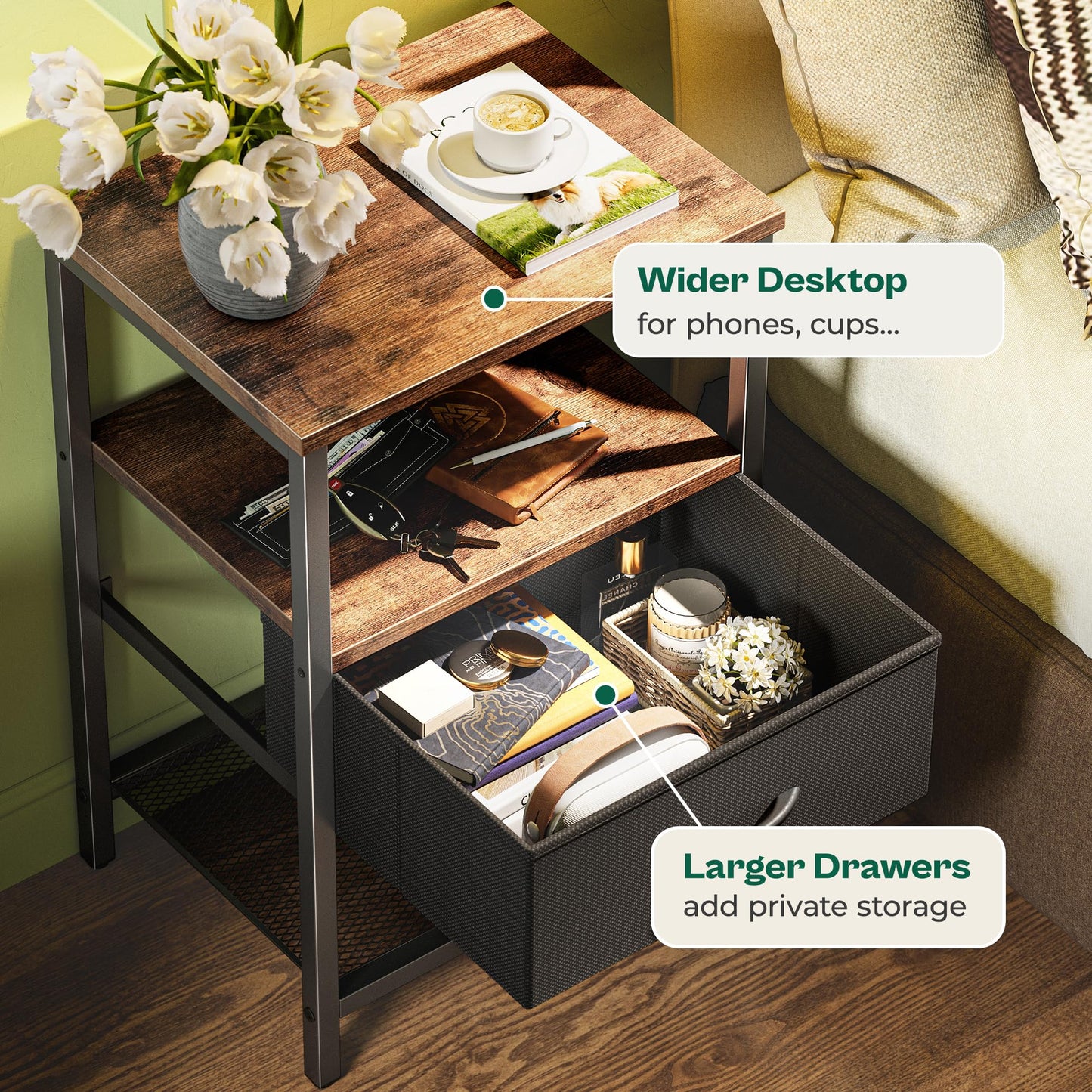 Huuger Night Stand with Fabric Drawer, Side Table with Mesh Shelf, Bedroom Nightstand, Fabric Drawer Dresser, Open Shelf, Metal Frame, Couch Side, Rustic Brown and Black