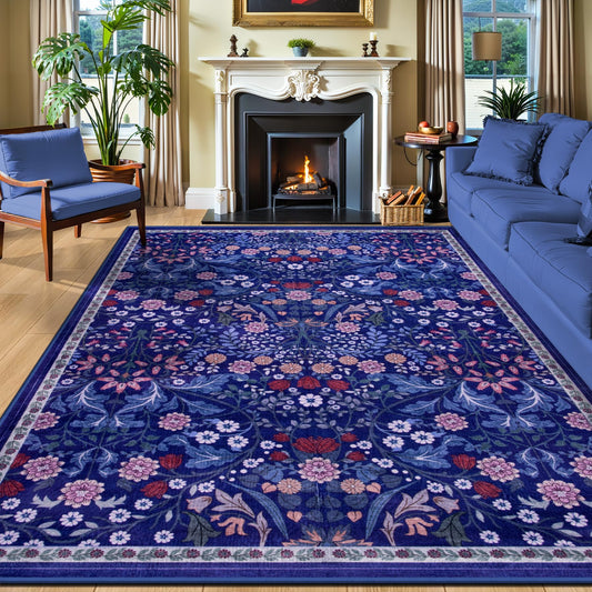 8x10 Area Rugs for Living Room: Floral Washable Rug Vintage Large Soft Boho Non-Slip Carpet Indoor Floor Stain Resistant Carpets for Bedroom Dining Room Farmhouse Nursery Home Office Blue