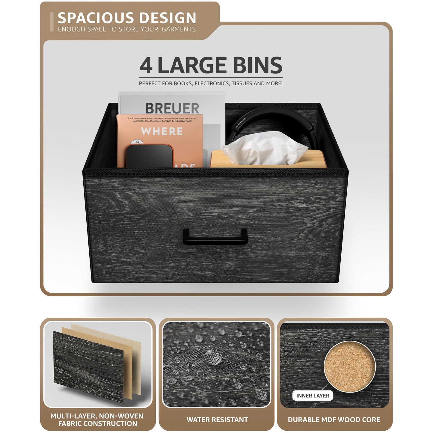 Sorbus Nightstand Dresser with 4 Faux Wood Drawers - Tall Bedside Table Chest with Storage, Steel Frame, Wood Top, Easy Pull Fabric Bins for Bedroom, Living Room, Closet & Dorm Furniture Lamp Stand